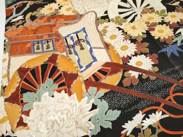 平和屋本店■極上　アンティーク　大正ロマン　中国三大刺繍　相良刺繍　振袖　駒刺繍　飛鶴御所車枝花文　黒地　金彩　逸品　CYAA1943s5