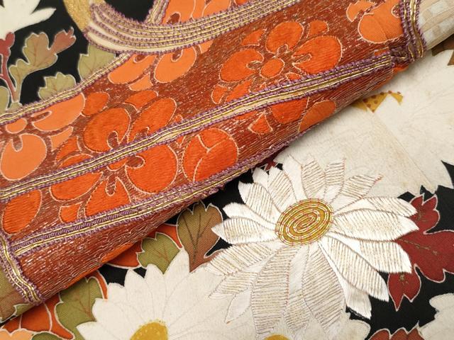 平和屋本店■極上　アンティーク　大正ロマン　中国三大刺繍　相良刺繍　振袖　駒刺繍　飛鶴御所車枝花文　黒地　金彩　逸品　CYAA1943s5