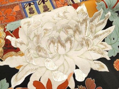 平和屋本店■極上　アンティーク　大正ロマン　中国三大刺繍　相良刺繍　振袖　駒刺繍　飛鶴御所車枝花文　黒地　金彩　逸品　CYAA1943s5
