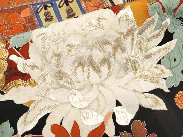 平和屋本店■極上　アンティーク　大正ロマン　中国三大刺繍　相良刺繍　振袖　駒刺繍　飛鶴御所車枝花文　黒地　金彩　逸品　CYAA1943s5