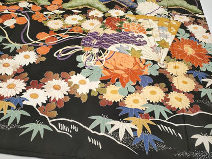 平和屋本店■極上　アンティーク　大正ロマン　中国三大刺繍　相良刺繍　振袖　駒刺繍　飛鶴御所車枝花文　黒地　金彩　逸品　CYAA1943s5