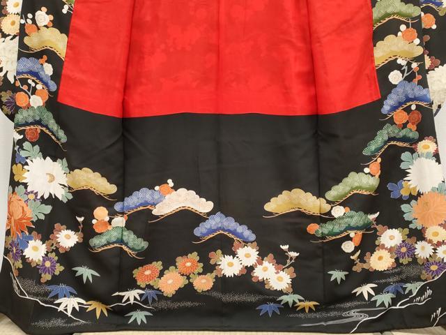 平和屋本店■極上　アンティーク　大正ロマン　中国三大刺繍　相良刺繍　振袖　駒刺繍　飛鶴御所車枝花文　黒地　金彩　逸品　CYAA1943s5