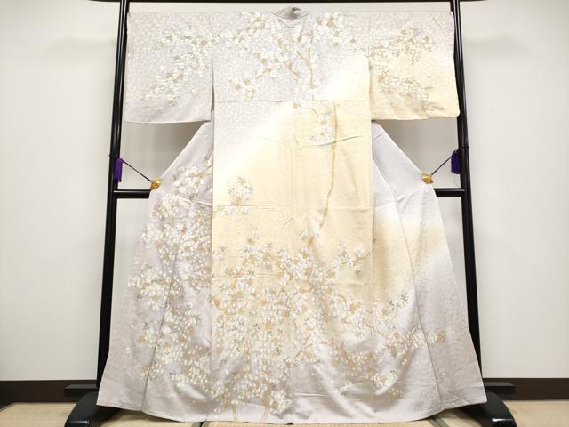 平和屋本店■最高級　訪問着　総刺繍　駒刺繍　枝桜文　暈し染め　金糸　桜鼠色地　逸品　未使用　CYAA1984s5