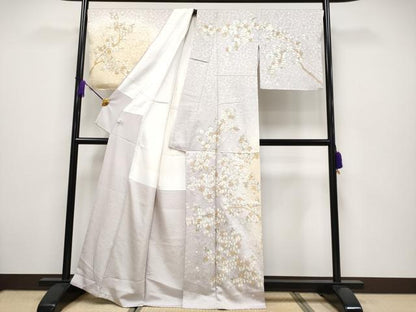 平和屋本店■最高級　訪問着　総刺繍　駒刺繍　枝桜文　暈し染め　金糸　桜鼠色地　逸品　未使用　CYAA1984s5