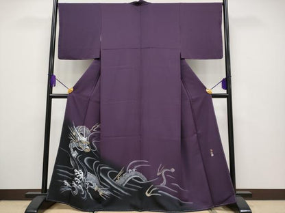 平和屋本店●極上 立体友禅作家 涌波紅彩 色留訪問着 手描き 龍 暈し染め 滅紫色地 逸品 未使用 CYAA1991s5