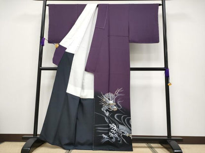 平和屋本店●極上 立体友禅作家 涌波紅彩 色留訪問着 手描き 龍 暈し染め 滅紫色地 逸品 未使用 CYAA1991s5