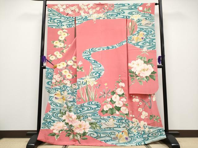 平和屋本店■極上　アンティーク　大正ロマン　中国三大刺繍　相良刺繍　振袖　流水鴛鴦枝花文　金彩　韓紅色地　逸品　CYAA1999s5