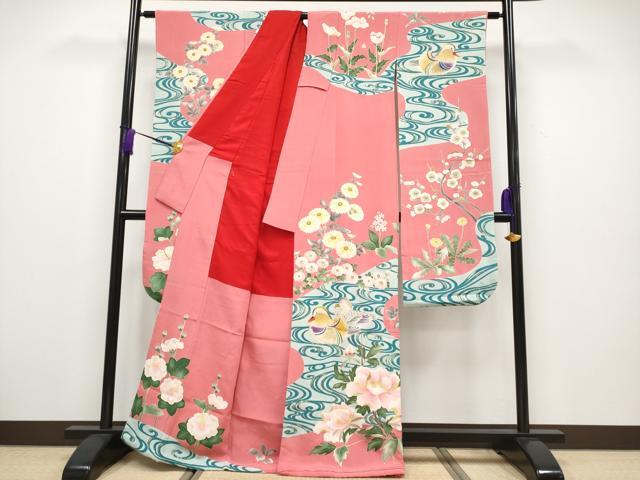 平和屋本店■極上　アンティーク　大正ロマン　中国三大刺繍　相良刺繍　振袖　流水鴛鴦枝花文　金彩　韓紅色地　逸品　CYAA1999s5