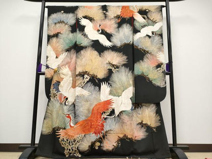 平和屋本店●極上 アンティーク 大正ロマン 中国三大刺繍 相良刺繍 振袖 飛鶴松葉文 黒地 金彩 逸品 CYAA2000s5