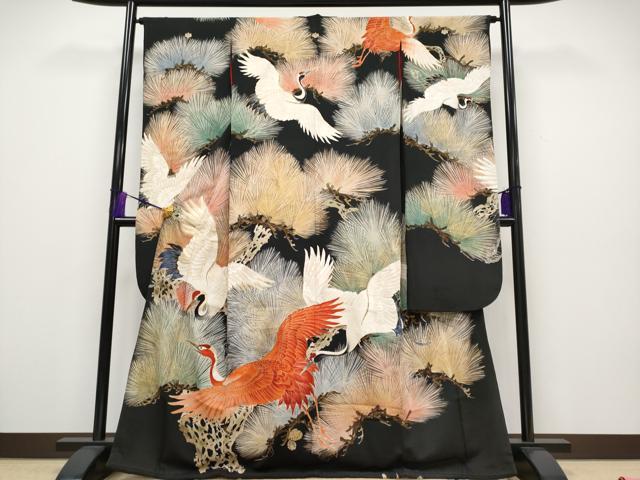 平和屋本店●極上 アンティーク 大正ロマン 中国三大刺繍 相良刺繍 振袖 飛鶴松葉文 黒地 金彩 逸品 CYAA2000s5