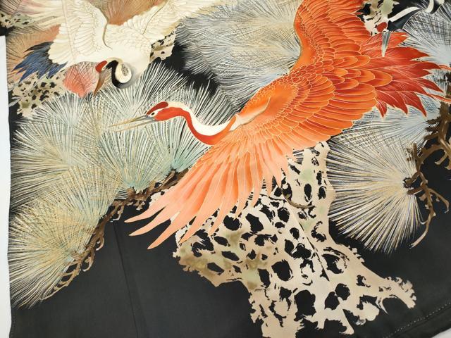 平和屋本店●極上 アンティーク 大正ロマン 中国三大刺繍 相良刺繍 振袖 飛鶴松葉文 黒地 金彩 逸品 CYAA2000s5