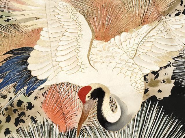 平和屋本店●極上 アンティーク 大正ロマン 中国三大刺繍 相良刺繍 振袖 飛鶴松葉文 黒地 金彩 逸品 CYAA2000s5