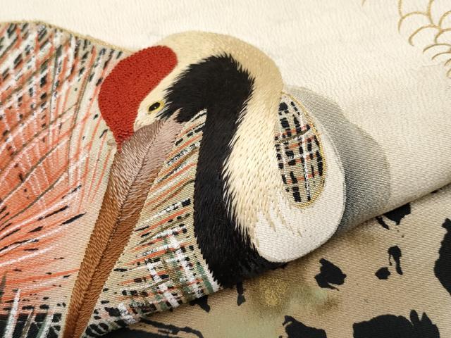 平和屋本店●極上 アンティーク 大正ロマン 中国三大刺繍 相良刺繍 振袖 飛鶴松葉文 黒地 金彩 逸品 CYAA2000s5