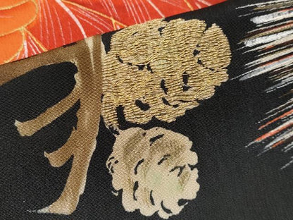 平和屋本店●極上 アンティーク 大正ロマン 中国三大刺繍 相良刺繍 振袖 飛鶴松葉文 黒地 金彩 逸品 CYAA2000s5