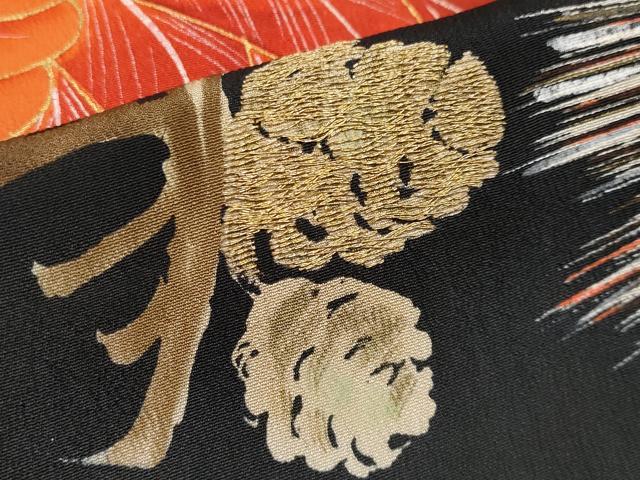 平和屋本店●極上 アンティーク 大正ロマン 中国三大刺繍 相良刺繍 振袖 飛鶴松葉文 黒地 金彩 逸品 CYAA2000s5