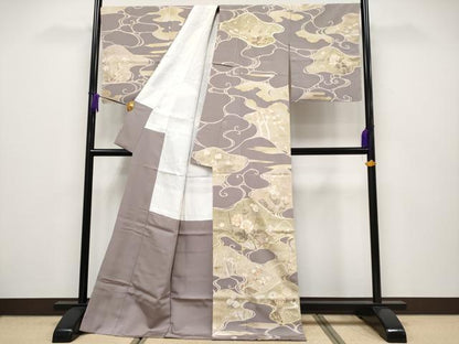 平和屋本店●極上 訪問着 駒刺繍 流水枝花文 金彩 鳩羽鼠色地 逸品 未使用 CYAA2003s5