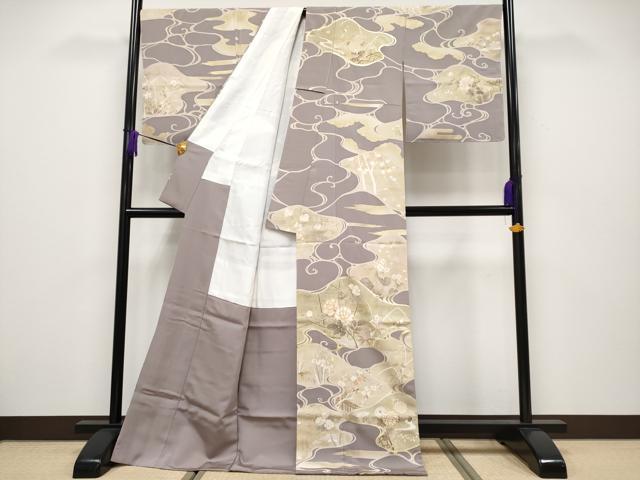 平和屋本店●極上 訪問着 駒刺繍 流水枝花文 金彩 鳩羽鼠色地 逸品 未使用 CYAA2003s5