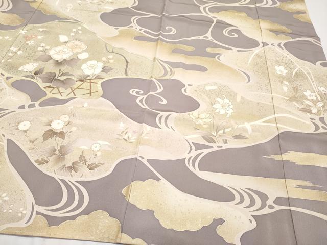 平和屋本店●極上 訪問着 駒刺繍 流水枝花文 金彩 鳩羽鼠色地 逸品 未使用 CYAA2003s5