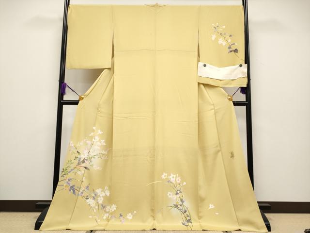 平和屋本店●極上 京加賀友禅 百貫石峰 訪問着 草花文 暈し染め 反端付き 卵色地 逸品 CYAA4225s6