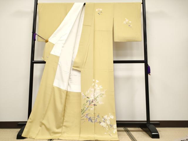平和屋本店●極上 京加賀友禅 百貫石峰 訪問着 草花文 暈し染め 反端付き 卵色地 逸品 CYAA4225s6