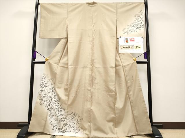 平和屋本店●極上 本加賀友禅作家 江波秀明 訪問着 白山紬 枝花文 証紙付き やまと金ラベル 枯色地 逸品 CYAA4227s6