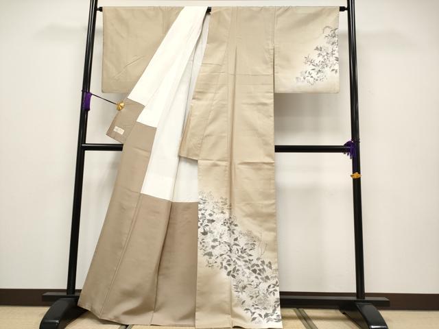 平和屋本店●極上 本加賀友禅作家 江波秀明 訪問着 白山紬 枝花文 証紙付き やまと金ラベル 枯色地 逸品 CYAA4227s6