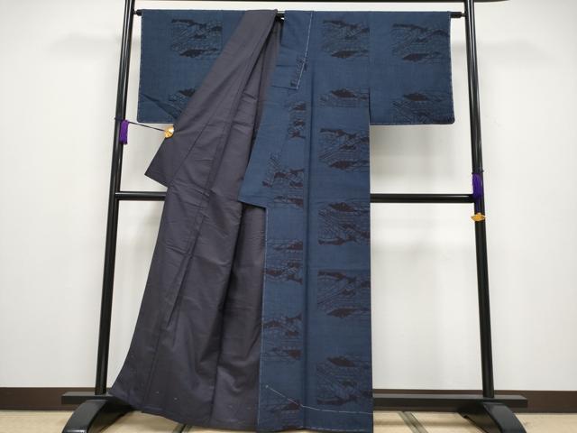 平和屋本店■極上　綿薩摩　東郷織物謹製　手織　160亀甲　實篤　永江明夫(正藍染)　風景文　逸品　未使用　CYAA2041s5