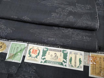 平和屋本店■極上　本場結城紬　重要無形文化財　100亀甲　風景文　証紙付き　小倉謹製　藍墨茶色地　逸品　未使用　CYAA2102s5