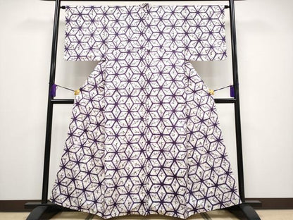 平和屋本店■極上　紫根染　紬　絞り　麻の葉文様　白地　逸品　CYAA2118s5