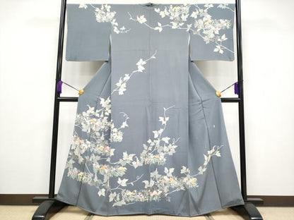 平和屋本店■極上　本加賀友禅作家　小原陽子　訪問着　草花文　鼠色地　逸品　未使用　CYAA2126s5