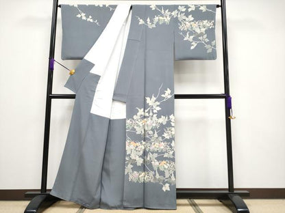平和屋本店■極上　本加賀友禅作家　小原陽子　訪問着　草花文　鼠色地　逸品　未使用　CYAA2126s5