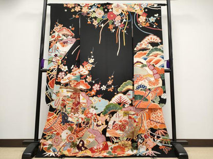 平和屋本店■極上　アンティーク　大正ロマン　振袖　駒刺繍　貝桶檜扇枝花文　黒地　金彩　逸品　CYAA2134s5