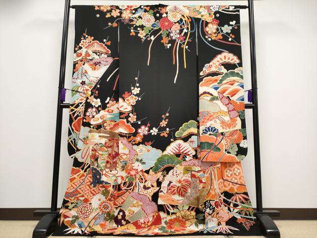 平和屋本店■極上　アンティーク　大正ロマン　振袖　駒刺繍　貝桶檜扇枝花文　黒地　金彩　逸品　CYAA2134s5