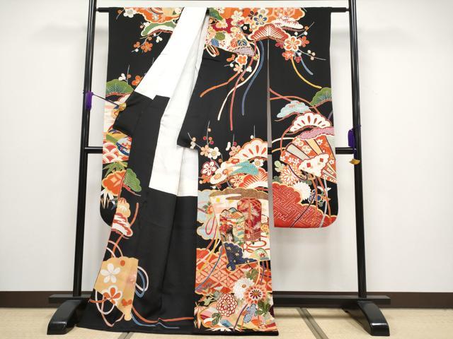 平和屋本店■極上　アンティーク　大正ロマン　振袖　駒刺繍　貝桶檜扇枝花文　黒地　金彩　逸品　CYAA2134s5