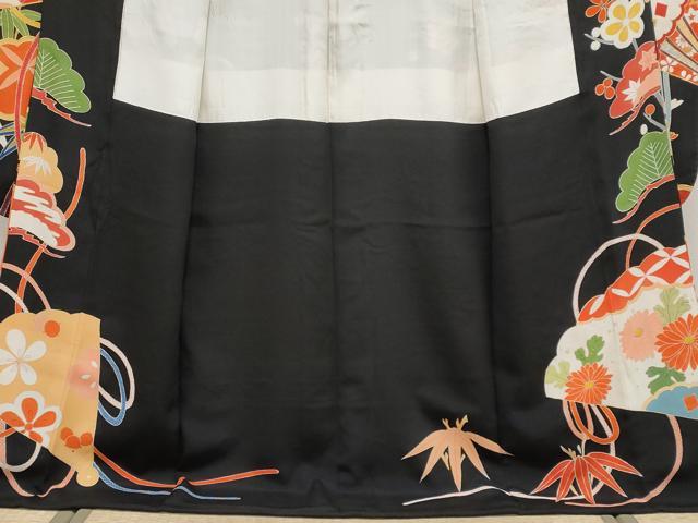 平和屋本店■極上　アンティーク　大正ロマン　振袖　駒刺繍　貝桶檜扇枝花文　黒地　金彩　逸品　CYAA2134s5
