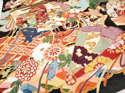 平和屋本店■極上　アンティーク　大正ロマン　振袖　駒刺繍　貝桶檜扇枝花文　黒地　金彩　逸品　CYAA2134s5