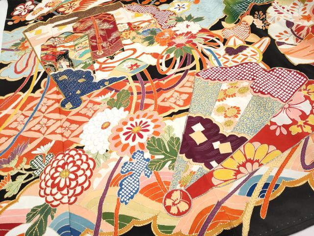 平和屋本店■極上　アンティーク　大正ロマン　振袖　駒刺繍　貝桶檜扇枝花文　黒地　金彩　逸品　CYAA2134s5