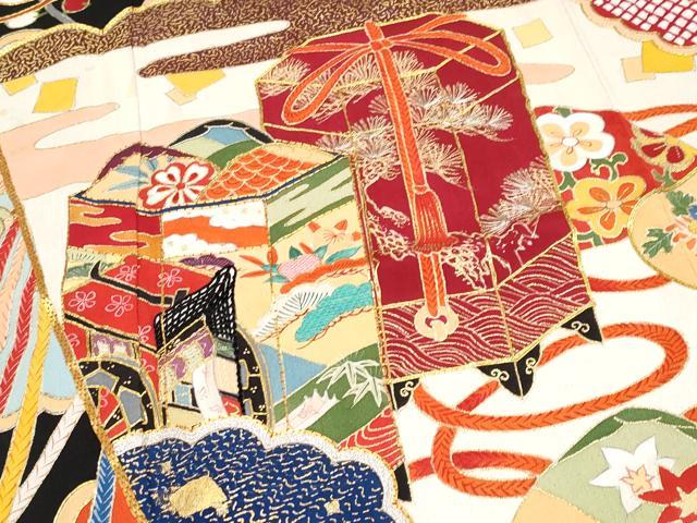 平和屋本店■極上　アンティーク　大正ロマン　振袖　駒刺繍　貝桶檜扇枝花文　黒地　金彩　逸品　CYAA2134s5