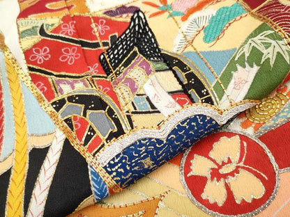 平和屋本店■極上　アンティーク　大正ロマン　振袖　駒刺繍　貝桶檜扇枝花文　黒地　金彩　逸品　CYAA2134s5