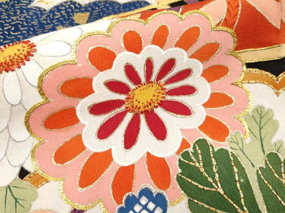 平和屋本店■極上　アンティーク　大正ロマン　振袖　駒刺繍　貝桶檜扇枝花文　黒地　金彩　逸品　CYAA2134s5