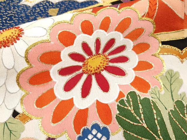 平和屋本店■極上　アンティーク　大正ロマン　振袖　駒刺繍　貝桶檜扇枝花文　黒地　金彩　逸品　CYAA2134s5