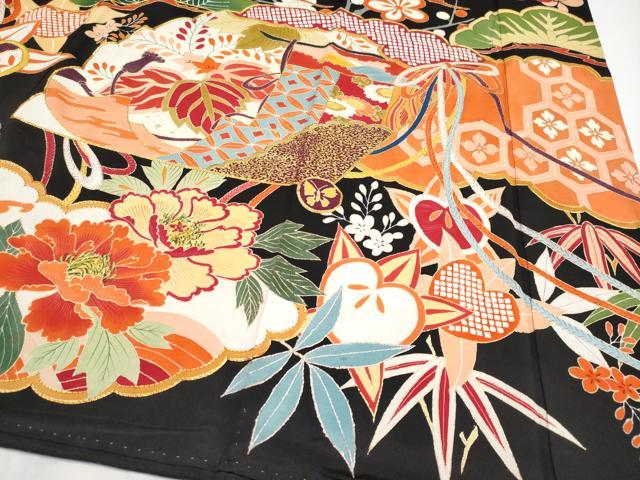 平和屋本店■極上　アンティーク　大正ロマン　振袖　駒刺繍　貝桶檜扇枝花文　黒地　金彩　逸品　CYAA2134s5