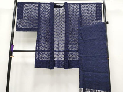 平和屋本店■極上　長羽織・ショールセット　オーガンジー　スリーシーズン　春夏秋　塵除け　唐草文　深紫色地　逸品　CYAA2138s5
