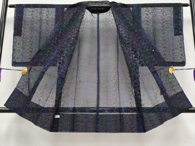 平和屋本店▽極上 道中着 オーガンジー スリーシーズン 春夏秋 塵除け ロング丈 花唐草文 黒地 逸品 未使用 CYAA2139s5