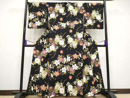 平和屋本店●極上 小紋 花籠文 黒地 金彩 鬼しぼ縮緬 逸品 未使用 CYAA2152s5