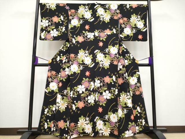 平和屋本店●極上 小紋 花籠文 黒地 金彩 鬼しぼ縮緬 逸品 未使用 CYAA2152s5