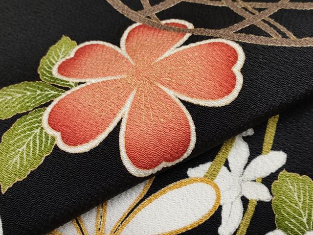 平和屋本店●極上 小紋 花籠文 黒地 金彩 鬼しぼ縮緬 逸品 未使用 CYAA2152s5
