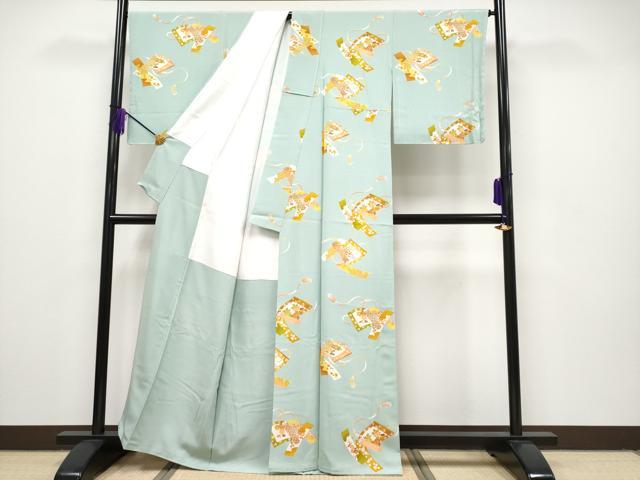 平和屋本店■極上　銀座　志ま亀　小紋　草花短冊絵巻文　たとう紙付き　錆青磁色地　逸品　未使用　CYAA2157s5