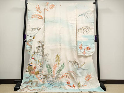 平和屋本店■極上　夏物　アンティーク　大正ロマン　振袖　絽　総刺繍　尾長鳥　暈し染め　金銀糸　白地　逸品　CYAA2170s5