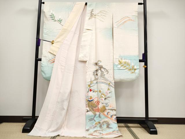 平和屋本店■極上　夏物　アンティーク　大正ロマン　振袖　絽　総刺繍　尾長鳥　暈し染め　金銀糸　白地　逸品　CYAA2170s5